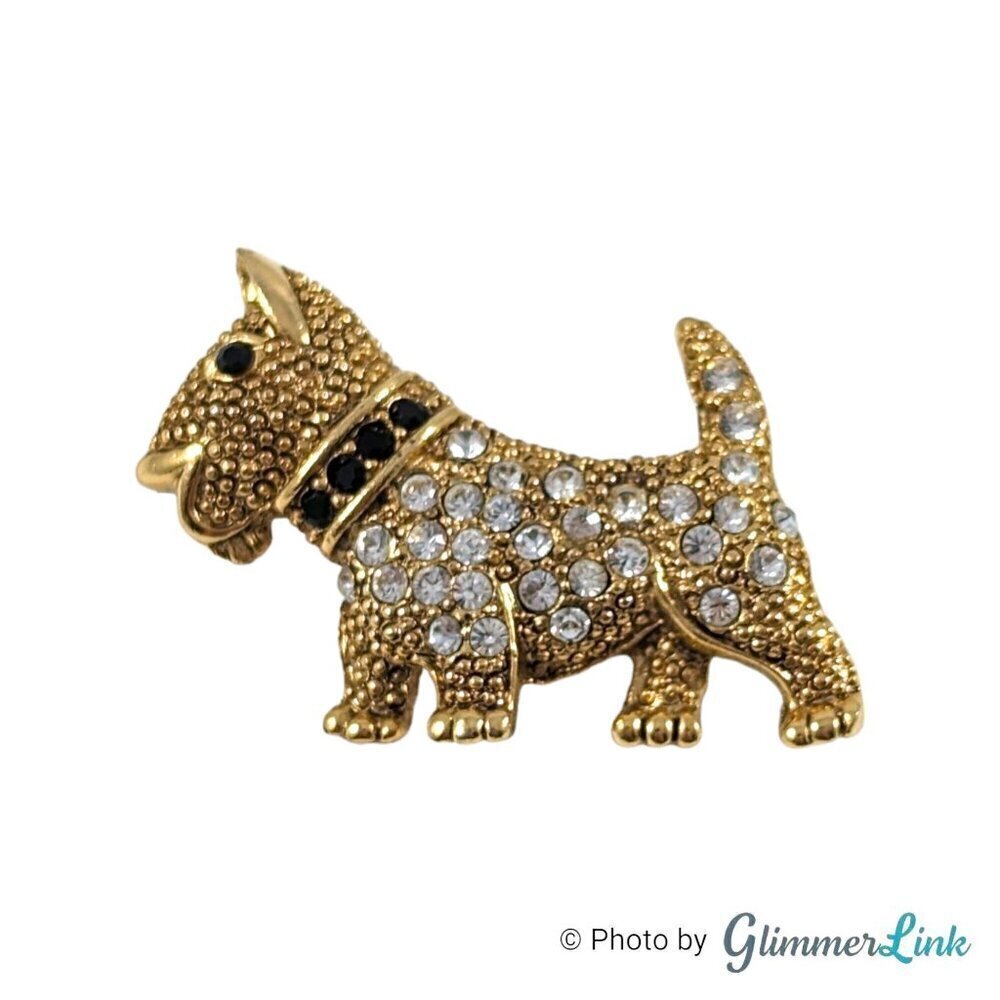 Vintage 1928 Scottish Terrier Clear & Black Pave Rhinestone Gold Tone Brooch Pin